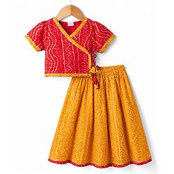 Babyhug 100% Cotton Cambric Woven Half Sleeves Bandhani Printed Choli & Lehenga Set - Red & Mustard