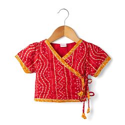 Babyhug 100% Cotton Cambric Woven Half Sleeves Bandhani Printed Choli & Lehenga Set - Red & Mustard