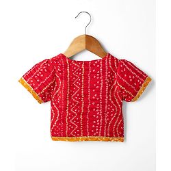 Babyhug 100% Cotton Cambric Woven Half Sleeves Bandhani Printed Choli & Lehenga Set - Red & Mustard