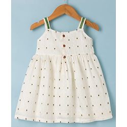 Babyhug Brocade Woven Pattu Ethnic Dresses with Sleeveless and Dot Embroidery - White
