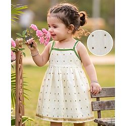 Babyhug Brocade Woven Pattu Ethnic Dresses with Sleeveless and Dot Embroidery - White