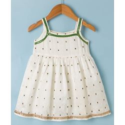 Babyhug Brocade Woven Pattu Ethnic Dresses with Sleeveless and Dot Embroidery - White