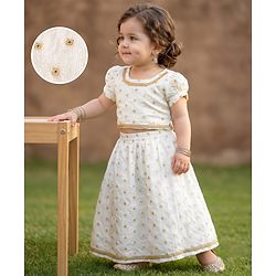 Babyhug Brocade Woven Lehenga and Choli with Half Sleeves and Diamonds Embroidered in White for New born