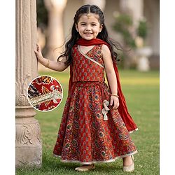 Babyhug 100% Cotton Cambric Woven Sleeveless Lehenga, Choli and Dupatta Set With Floral Print - Maroon