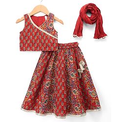 Babyhug 100% Cotton Cambric Woven Sleeveless Lehenga, Choli and Dupatta Set With Floral Print - Maroon