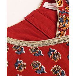 Babyhug 100% Cotton Cambric Woven Sleeveless Lehenga, Choli and Dupatta Set With Floral Print - Maroon