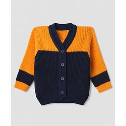 Babyhug Knit Full Sleeves Color Block Design Sweater Set with Cap & Booties - Navy Blue