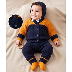 Babyhug Knit Full Sleeves Color Block Design Sweater Set with Cap & Booties - Navy Blue