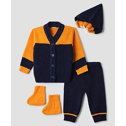 Babyhug Knit Full Sleeves Color Block Design Sweater Set with Cap & Booties - Navy Blue