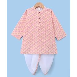 Babyhug Cambric Woven Full Sleeves Kurta and Dhoti Set with Geometric Print - Peach