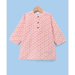 Babyhug Cambric Woven Full Sleeves Kurta and Dhoti Set with Geometric Print - Peach