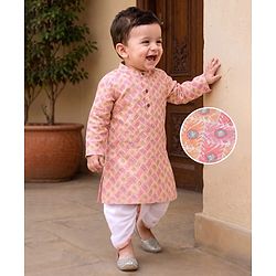 Babyhug Cambric Woven Full Sleeves Kurta and Dhoti Set with Geometric Print - Peach