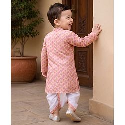 Babyhug Cambric Woven Full Sleeves Kurta and Dhoti Set with Geometric Print - Peach