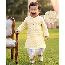 Babyhug 100% Cotton Cambric Woven Full Length Embroidered Dhoti & Kurta Set - Yellow