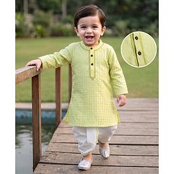 Babyhug 100% Cotton Cambric Woven Full Sleeves Printed Dhoti Kurta Set - Green