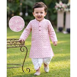 Babyhug 100% Cotton Woven Full Sleeves Cambric Floral Embroidered Kurta & Dhori Set - Pink