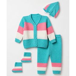 Babyhug Knit Full Sleeves Colour Block Designed Sweater Set with Cap & Booties - Aqua Blue