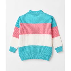 Babyhug Knit Full Sleeves Colour Block Designed Sweater Set with Cap & Booties - Aqua Blue