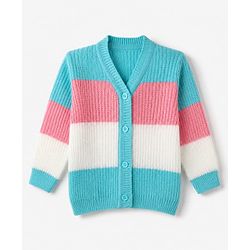 Babyhug Knit Full Sleeves Colour Block Designed Sweater Set with Cap & Booties - Aqua Blue