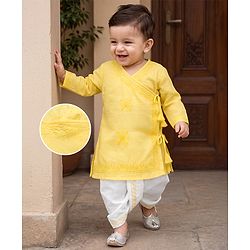 Babyhug 100% Cotton Cambric Woven Full Sleeves Kurta & Dhoti Set with Floral Embroidery in Yellow