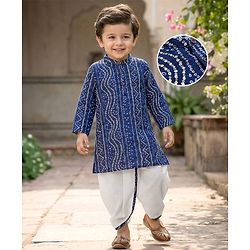 Babyhug 100% Cotton Cambric Woven Full Sleeves Kurta Dhoti Set with Bandhani Print - Navy Blue