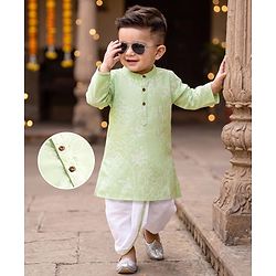 Babyhug 100% Cotton Cambric Woven Full Length Embroidered Dhoti & Kurta Set - Light Green