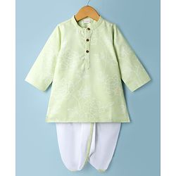 Babyhug 100% Cotton Cambric Woven Full Length Embroidered Dhoti & Kurta Set - Light Green