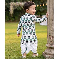 Babyhug 100% Cotton Cambric Woven Full Sleeves Floral Printed Dhoti Kurta Set - White