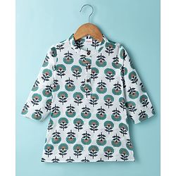 Babyhug 100% Cotton Cambric Woven Full Sleeves Floral Printed Dhoti Kurta Set - White