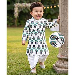 Babyhug 100% Cotton Cambric Woven Full Sleeves Floral Printed Dhoti Kurta Set - White