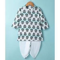 Babyhug 100% Cotton Cambric Woven Full Sleeves Floral Printed Dhoti Kurta Set - White
