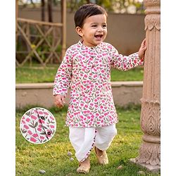 Babyhug 100% Cotton Cambric Woven Full Sleeves Floral Printed Dhoti Kurta Set - White