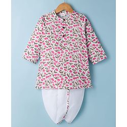 Babyhug 100% Cotton Cambric Woven Full Sleeves Floral Printed Dhoti Kurta Set - White