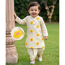 Babyhug Cambric Woven Full Sleeves Kurta & Dhoti Set with Floral Embroidery - Yellow