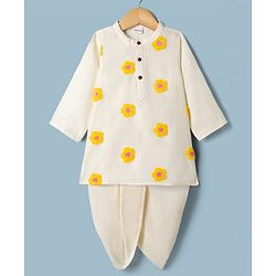 Babyhug Cambric Woven Full Sleeves Kurta & Dhoti Set with Floral Embroidery - Yellow