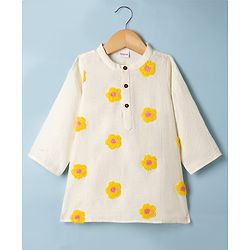 Babyhug Cambric Woven Full Sleeves Kurta & Dhoti Set with Floral Embroidery - Yellow