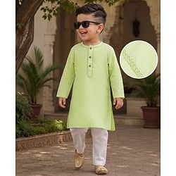 Babyhug Cambric Woven Full Sleeves Solid Kurta & Pyjama Set with Embroidery - Limegreen