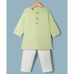 Babyhug Cambric Woven Full Sleeves Solid Kurta & Pyjama Set with Embroidery - Limegreen