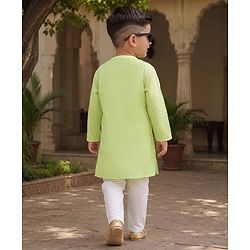 Babyhug Cambric Woven Full Sleeves Solid Kurta & Pyjama Set with Embroidery - Limegreen