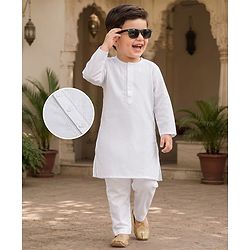 Babyhug Cambric Woven Full Sleeves Solid Kurta & Pajama Set with Embroidery - White