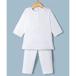 Babyhug Cambric Woven Full Sleeves Solid Kurta & Pajama Set with Embroidery - White