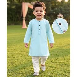 Babyhug Cambric Woven Full Sleeves Kurta Pyjama Set with Placket Embroidery - Aqua Blue