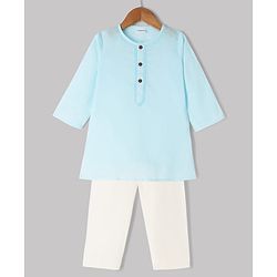 Babyhug Cambric Woven Full Sleeves Kurta Pyjama Set with Placket Embroidery - Aqua Blue