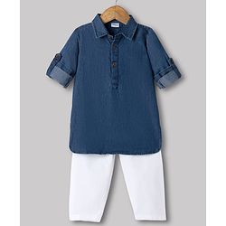 Babyhug Premium 100% Cotton Denim Woven Kurta and Pyjama With Full Sleeves in Blue