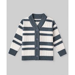 Babyhug Knit Full Sleeves Striped Sweater Sets with Cap & Booties - Grey