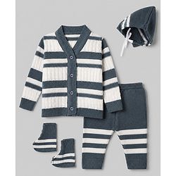 Babyhug Knit Full Sleeves Striped Sweater Sets with Cap & Booties - Grey