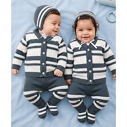 Babyhug Knit Full Sleeves Striped Sweater Sets with Cap & Booties - Grey