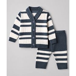 Babyhug Knit Full Sleeves Striped Sweater Sets with Cap & Booties - Grey