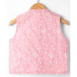 Babyhug Cambric Woven Full Sleeves Solid Kurta Pyjama Set With Floral Embroidered Jacket - Pink