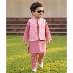 Babyhug Cambric Woven Full Sleeves Solid Kurta Pyjama Set With Floral Embroidered Jacket - Pink